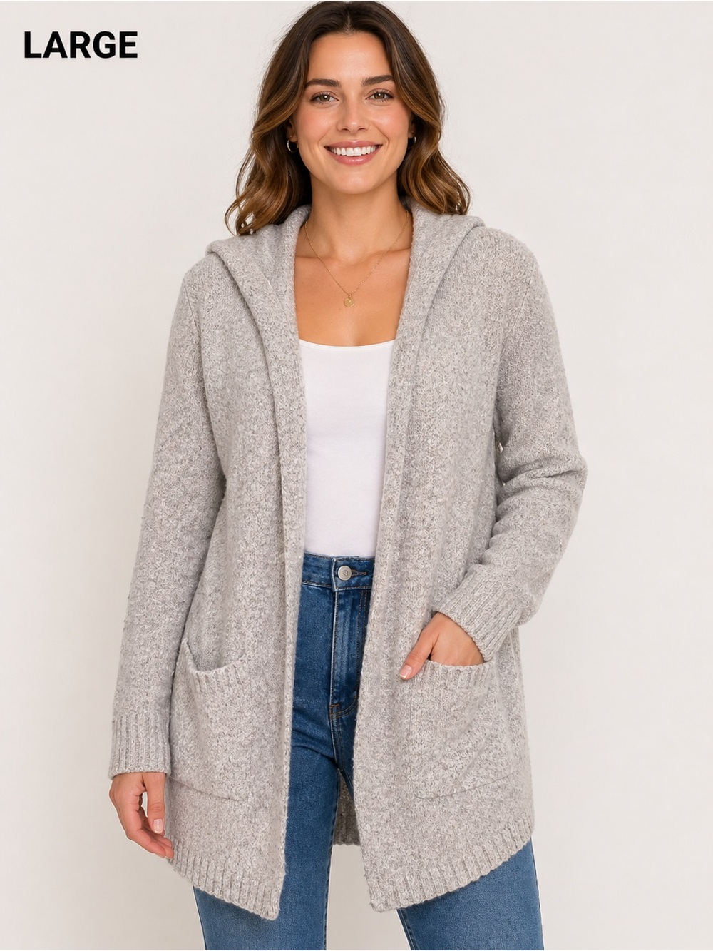 By design Cozy Open-Front Hooded Cardigan Sweater - Light Gray large